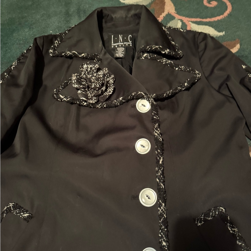 INC Vintage Y2K Designer Look Black Coat Black White Trim And Tweed Pin Stylish